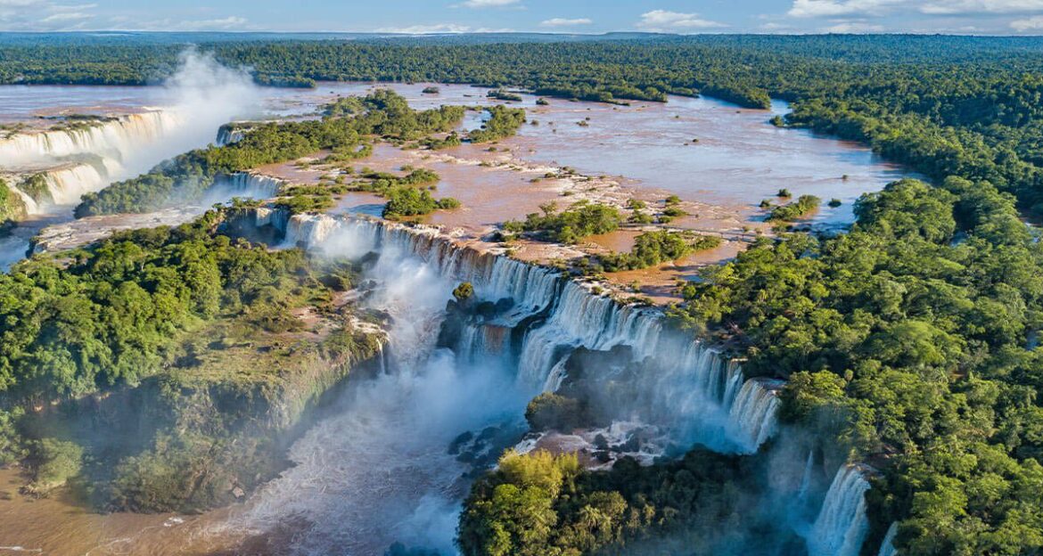 Aerial view over beautiful Iguazu Falls