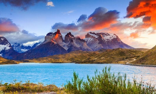Torres Del Paine and Blue Lagoon at sunset