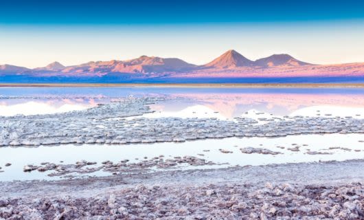 Mountains reflected in salt lake of Atacama, Chile